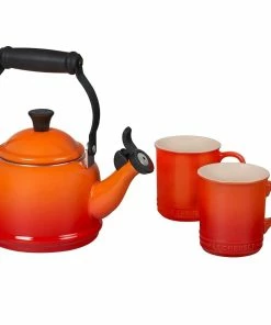 Le Creuset 1.25 Qt. Demi Kettle Tea Pot + 2 - 14oz Mugs Set | Flame Orange