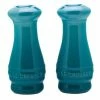 Le Creuset 2-Piece Salt & Pepper Shakers | Caribbean Blue -Glassware & Drinkware Shop caribbean blue salt and pepper shakers 1 1