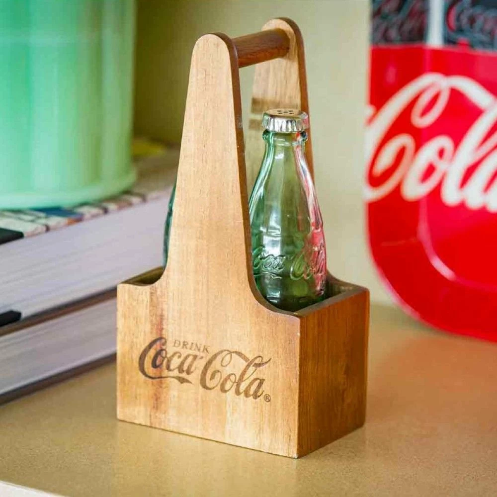 TableCraft 1oz Coca-Cola Salt & Pepper Shakers | Green Tinted Glass With Wooden Crate 4 TableCraft 1oz Coca-Cola Salt & Pepper Shakers | Green Tinted Glass With Wooden Crate - Image 2