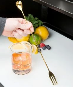 Mercer Barfly 15.75" Bar Spoon With Fork | Gold Plated 13 Mercer Barfly 15.75" Bar Spoon With Fork | Gold Plated -Glassware & Drinkware Shop mercer barfly 15.75in bar spoon with fork length