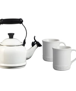 Le Creuset 1.25 Qt. Demi Kettle Tea Pot + 2 - 14oz Mugs Set | White